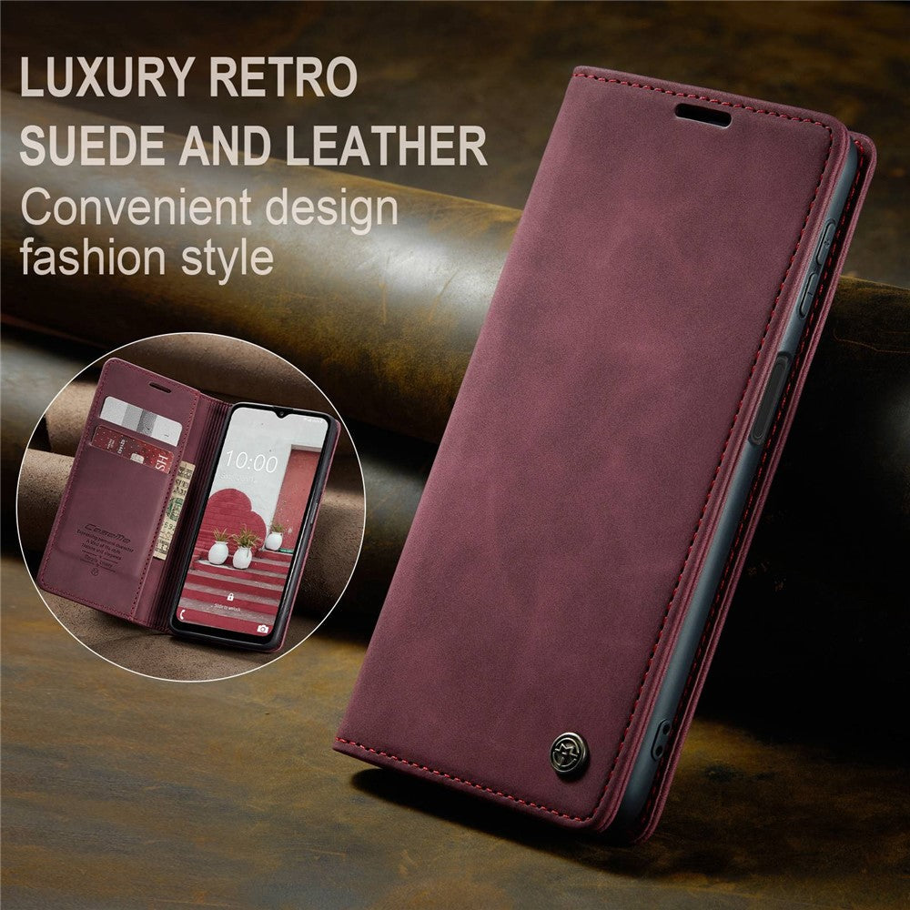 CASEME 013 Series Slim Phone Case for Samsung Galaxy M33 5G (Global Version) Shockproof PU Leather Wallet Foldable Stand Phone Cover - Wine Red