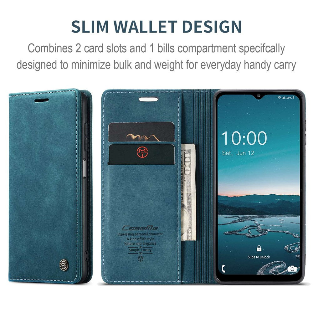 CASEME 013 Series Slim Phone Case for Samsung Galaxy M33 5G (Global Version) Shockproof PU Leather Wallet Foldable Stand Phone Cover - Blue
