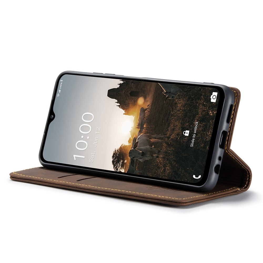 CASEME 013 Series Slim Phone Case for Samsung Galaxy M33 5G (Global Version) Shockproof PU Leather Wallet Foldable Stand Phone Cover - Coffee
