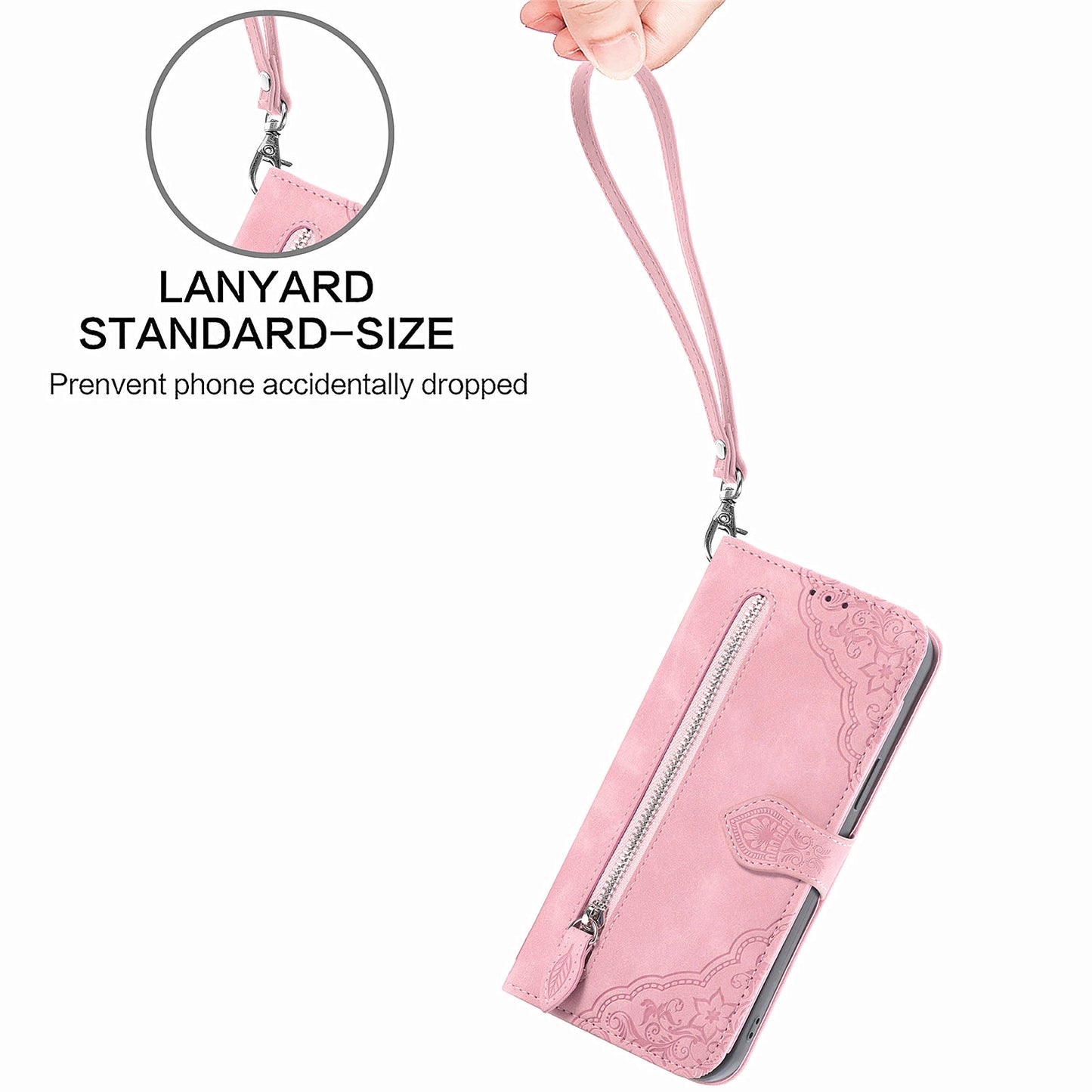 For Samsung Galaxy S20 FE 2022/4G/5G/S20 Lite Zipper Pocket Design Imprinted Leather Phone Case Stand Wallet Style Magnetic Cover with Strap - Pink