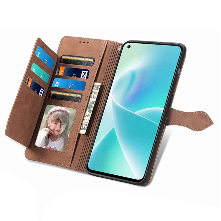 For OnePlus Nord 2T 5G Imprinted Leather Anti-fall Magnetic Phone Case Zipper Pocket Design Wallet Anti-scratch Shell with Stand - Brown