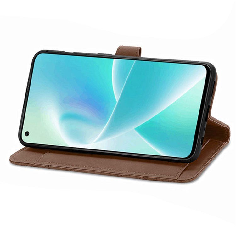 For OnePlus Nord 2T 5G Imprinted Leather Anti-fall Magnetic Phone Case Zipper Pocket Design Wallet Anti-scratch Shell with Stand - Brown