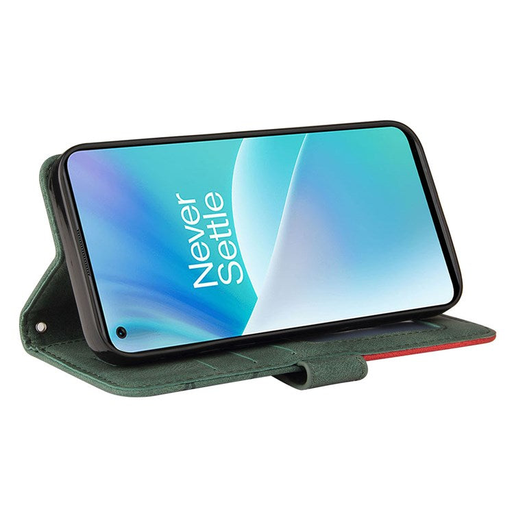 KT Leather Series-1 for OnePlus Nord 2T 5G Dual-color Splicing PU Leather Wallet Case Adjustable Stand Anti-scratch Phone Cover - Green