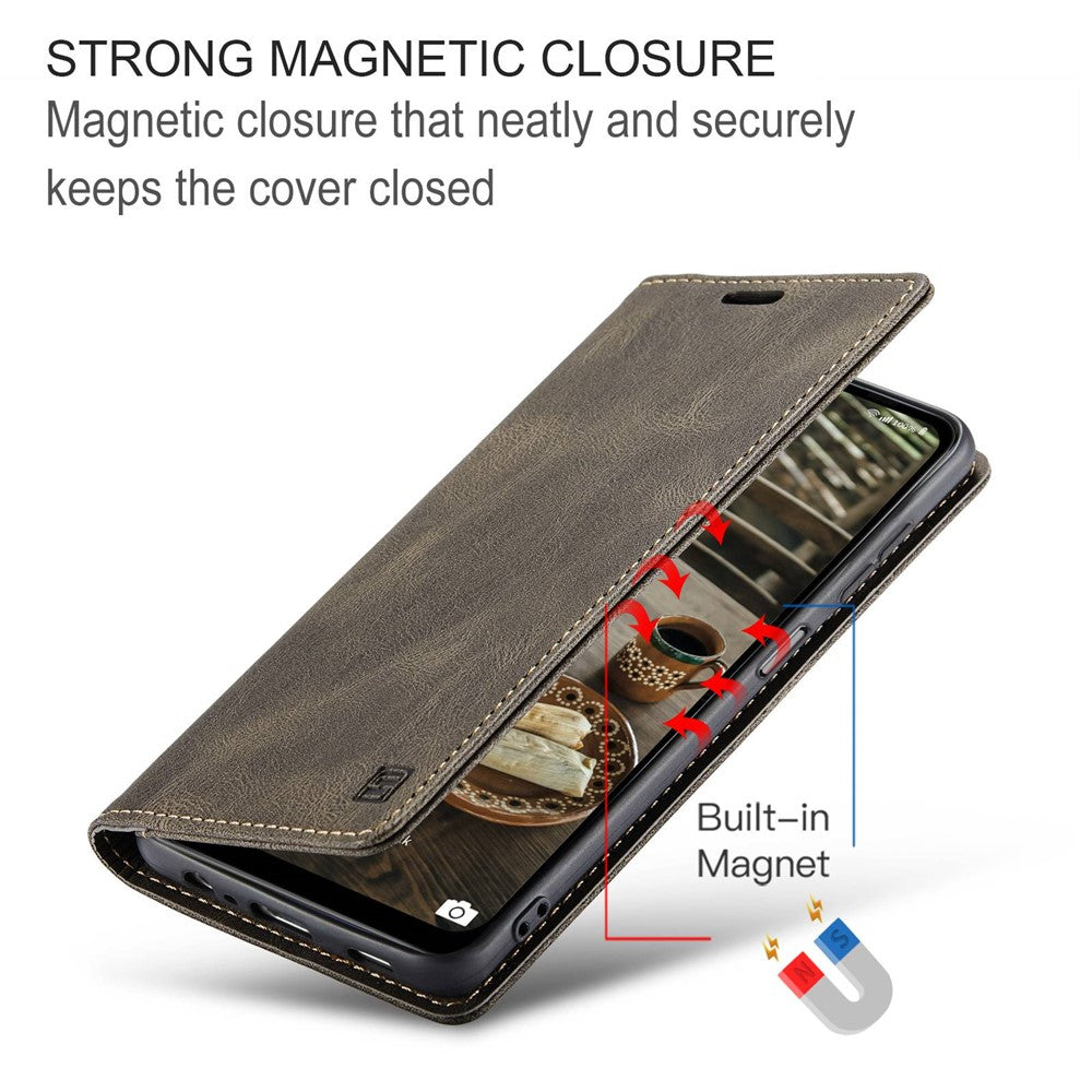 AUTSPACE A01 Series For Samsung Galaxy M33 5G (Global Version) Mobile Phone Case Bag Matte PU Leather+TPU RFID Blocking Magnetic Closure Retro Phone Cover Stand Wallet - Coffee