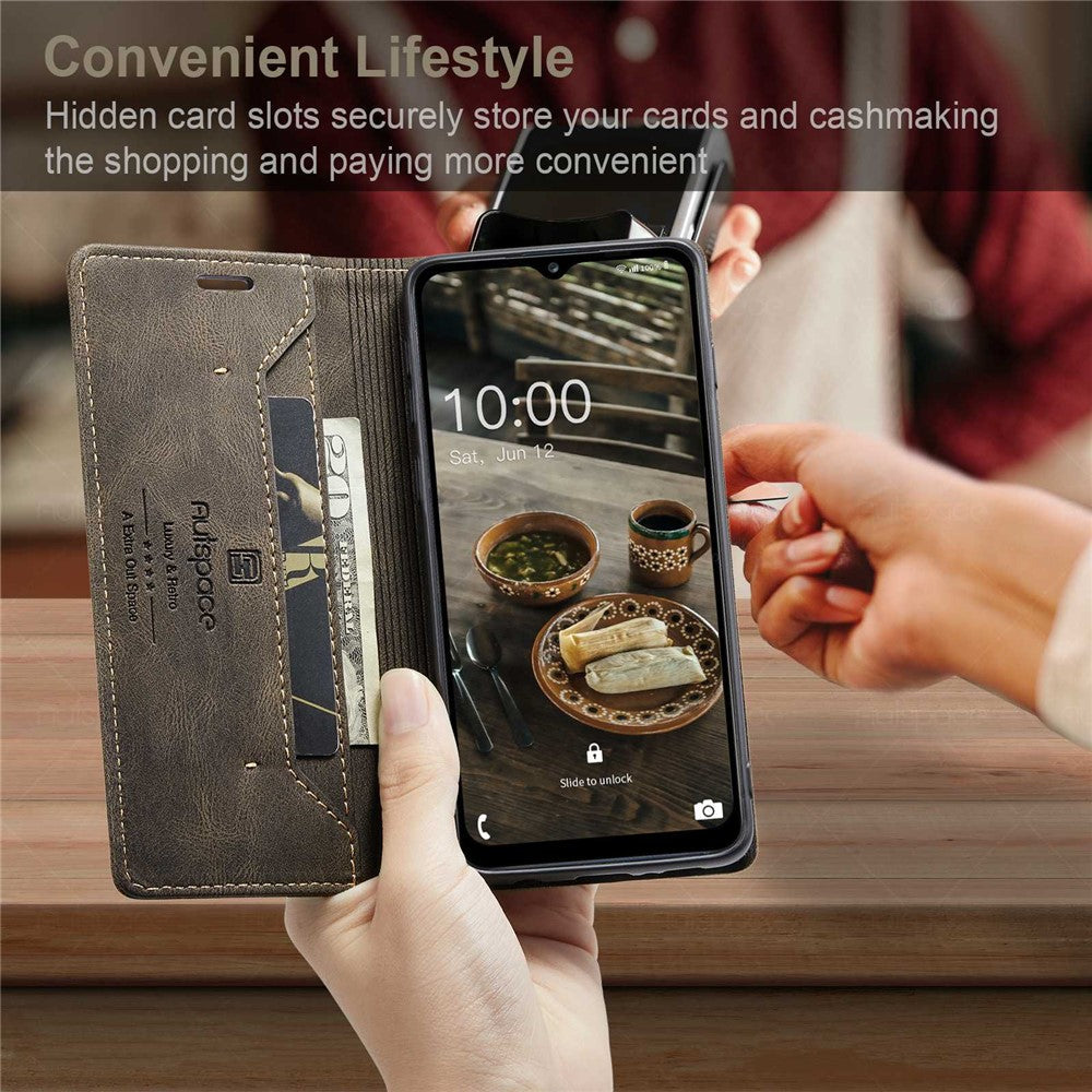 AUTSPACE A01 Series For Samsung Galaxy M33 5G (Global Version) Mobile Phone Case Bag Matte PU Leather+TPU RFID Blocking Magnetic Closure Retro Phone Cover Stand Wallet - Coffee