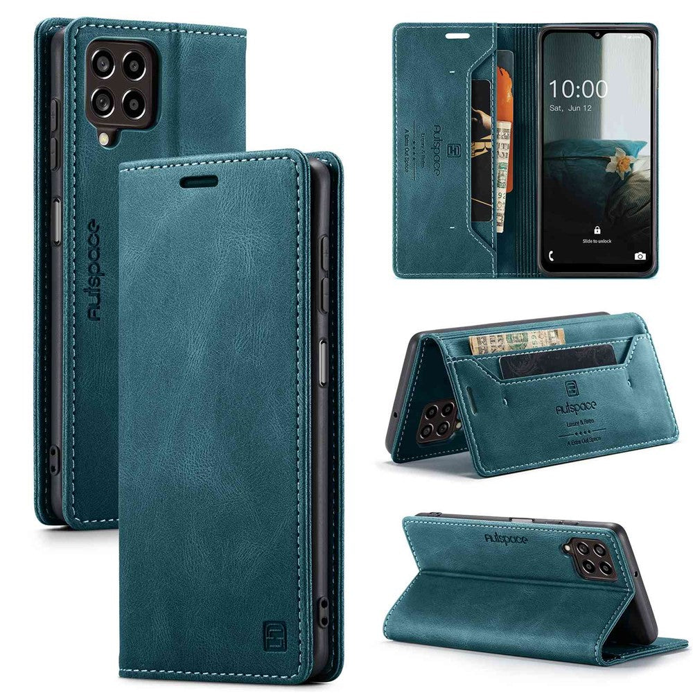 AUTSPACE A01 Series For Samsung Galaxy M33 5G (Global Version) Mobile Phone Case Bag Matte PU Leather+TPU RFID Blocking Magnetic Closure Retro Phone Cover Stand Wallet - Blue