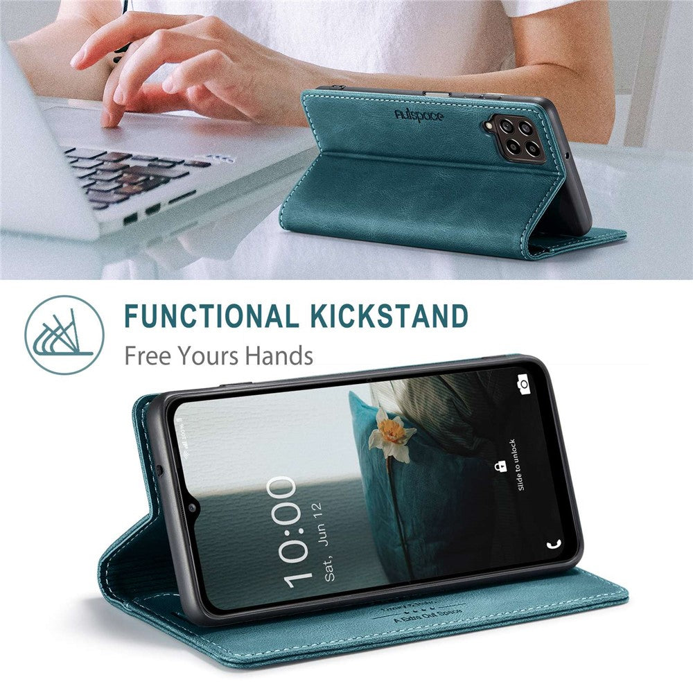 AUTSPACE A01 Series For Samsung Galaxy M33 5G (Global Version) Mobile Phone Case Bag Matte PU Leather+TPU RFID Blocking Magnetic Closure Retro Phone Cover Stand Wallet - Blue