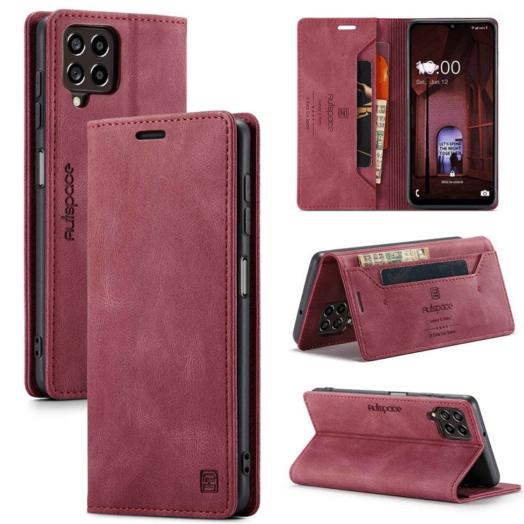 AUTSPACE A01 Series For Samsung Galaxy M33 5G (Global Version) Mobile Phone Case Bag Matte PU Leather+TPU RFID Blocking Magnetic Closure Retro Phone Cover Stand Wallet - Red