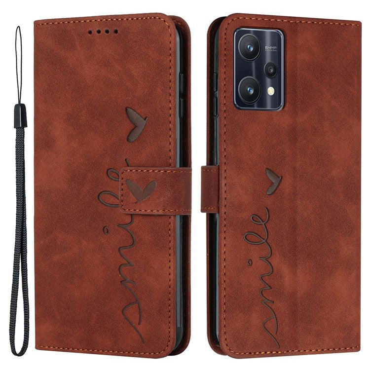 For Realme 9 Pro 5G / 9 5G / V25 Heart Shape Imprinted Phone Case Book Style PU Leather Skin-touch Feeling Wallet Stand Feature Shell with Strap - Brown