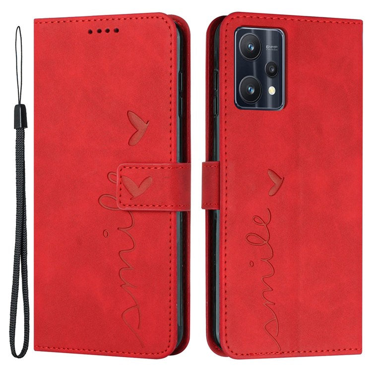 For Realme 9 Pro 5G / 9 5G / V25 Heart Shape Imprinted Phone Case Book Style PU Leather Skin-touch Feeling Wallet Stand Feature Shell with Strap - Red