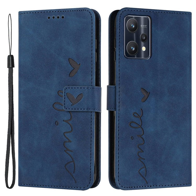 For Realme 9 Pro 5G / 9 5G / V25 Heart Shape Imprinted Phone Case Book Style PU Leather Skin-touch Feeling Wallet Stand Feature Shell with Strap - Sapphire