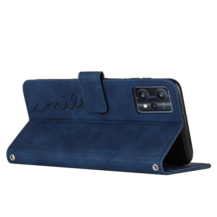 For Realme 9 Pro 5G / 9 5G / V25 Heart Shape Imprinted Phone Case Book Style PU Leather Skin-touch Feeling Wallet Stand Feature Shell with Strap - Sapphire