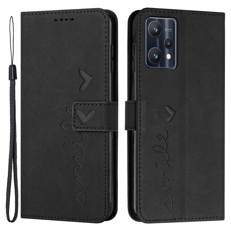 For Realme 9 Pro 5G / 9 5G / V25 Heart Shape Imprinted Phone Case Book Style PU Leather Skin-touch Feeling Wallet Stand Feature Shell with Strap - Black