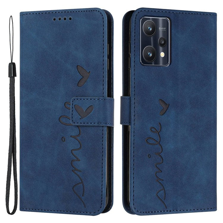 For Realme 9 Pro+ 5G Heart Shape Imprinted Phone Case PU Leather Skin-touch Feeling Wallet Horizontal Stand Feature Shell with Strap - Sapphire