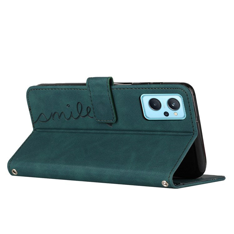 For Oppo A36/A76/K10 4G/Realme 9i Heart Shape Impact Resistant Imprinted Phone Case PU Leather Skin-touch Feeling Wallet Stand Feature Shell with Strap - Green