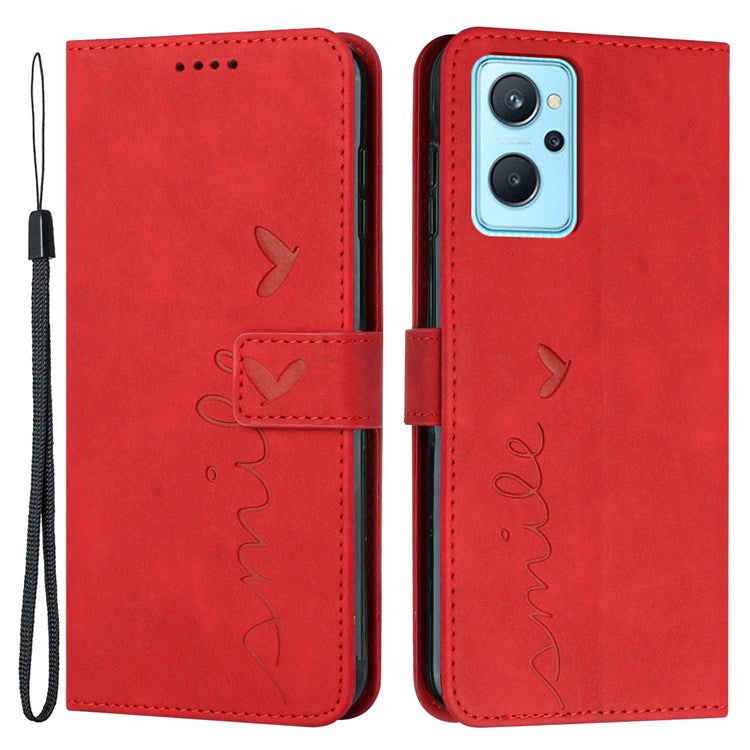 For Oppo A36/A76/K10 4G/Realme 9i Heart Shape Impact Resistant Imprinted Phone Case PU Leather Skin-touch Feeling Wallet Stand Feature Shell with Strap - Red