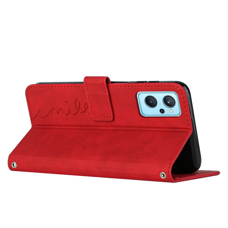 For Oppo A36/A76/K10 4G/Realme 9i Heart Shape Impact Resistant Imprinted Phone Case PU Leather Skin-touch Feeling Wallet Stand Feature Shell with Strap - Red