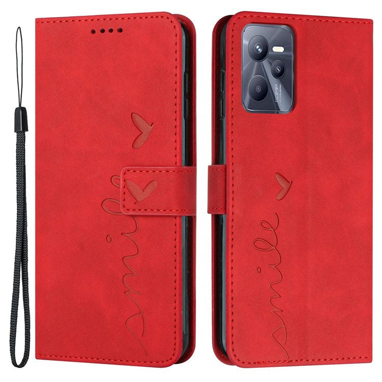 For Realme C35/Narzo 50A Prime 4G Heart Shape Imprinted Phone Case PU Leather Skin-touch Feeling Wallet Stand Feature Shell with Strap - Red