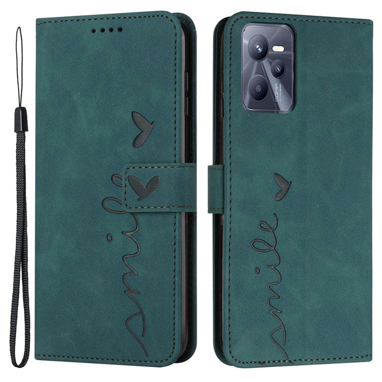 For Realme C35/Narzo 50A Prime 4G Heart Shape Imprinted Phone Case PU Leather Skin-touch Feeling Wallet Stand Feature Shell with Strap - Green