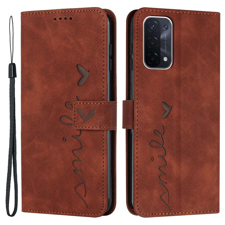 For Oppo A74 5G/A93 5G/A54 5G Imprinted Heart Shape Wallet Case Skin-touch Feeling Leather Stand Feature Flip Cover with Strap - Brown