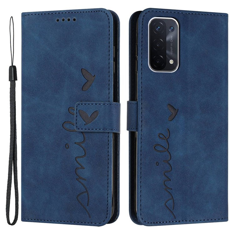 For Oppo A74 5G/A93 5G/A54 5G Imprinted Heart Shape Wallet Case Skin-touch Feeling Leather Stand Feature Flip Cover with Strap - Sapphire