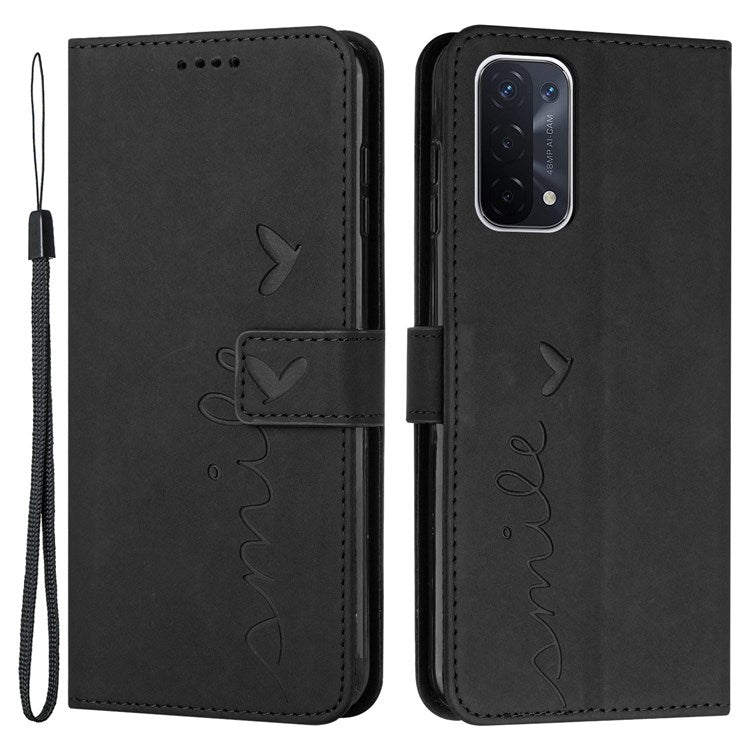 For Oppo A74 5G/A93 5G/A54 5G Imprinted Heart Shape Wallet Case Skin-touch Feeling Leather Stand Feature Flip Cover with Strap - Black