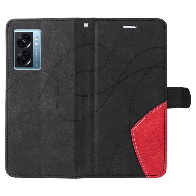 KT Leather Series-1 for Oppo A57 (2022) 5G / A77 5G / Realme V23 5G Dual-color Splicing PU Leather Stand Wallet Phone Case Folio Flip Cover - Black