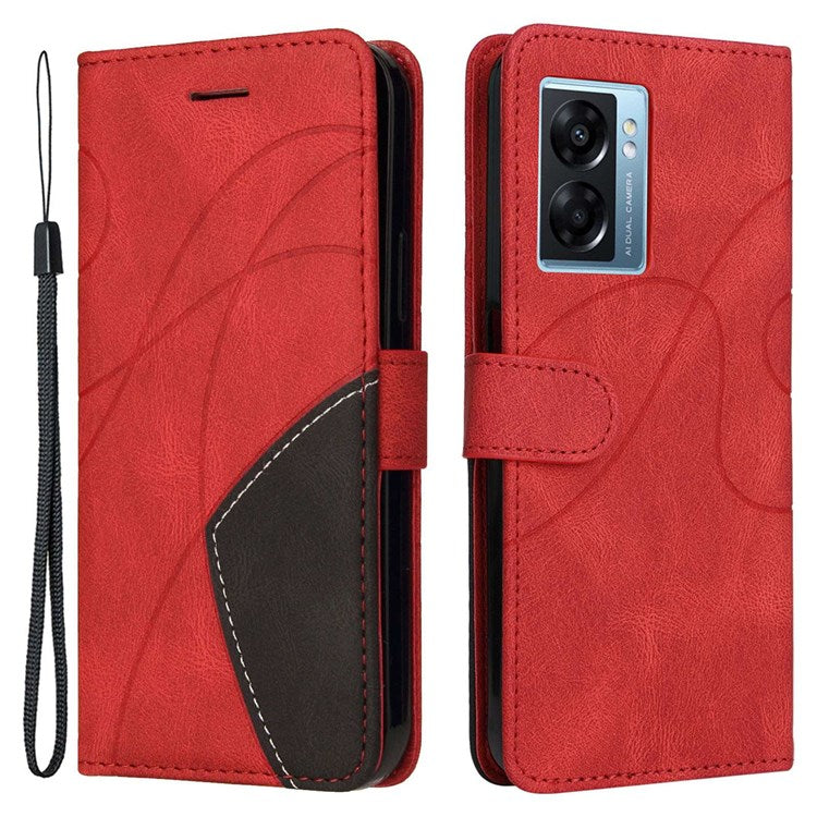 KT Leather Series-1 for Oppo A57 (2022) 5G / A77 5G / Realme V23 5G Dual-color Splicing PU Leather Stand Wallet Phone Case Folio Flip Cover - Red