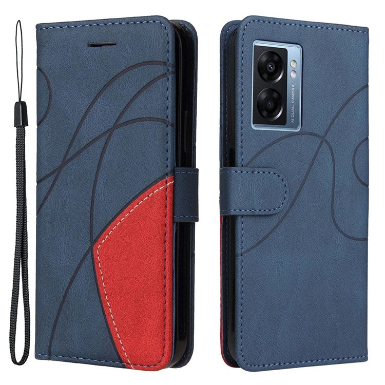 KT Leather Series-1 for Oppo A57 (2022) 5G / A77 5G / Realme V23 5G Dual-color Splicing PU Leather Stand Wallet Phone Case Folio Flip Cover - Blue