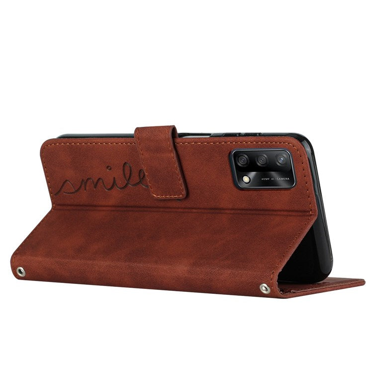 For Oppo A74 4G/F19/F19s/A95 4G PU Leather Imprinted Heart Shape Stand Case Skin-touch Feeling Wallet Magnetic Flip Cover with Strap - Brown