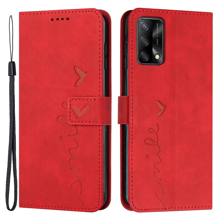 For Oppo A74 4G/F19/F19s/A95 4G PU Leather Imprinted Heart Shape Stand Case Skin-touch Feeling Wallet Magnetic Flip Cover with Strap - Red