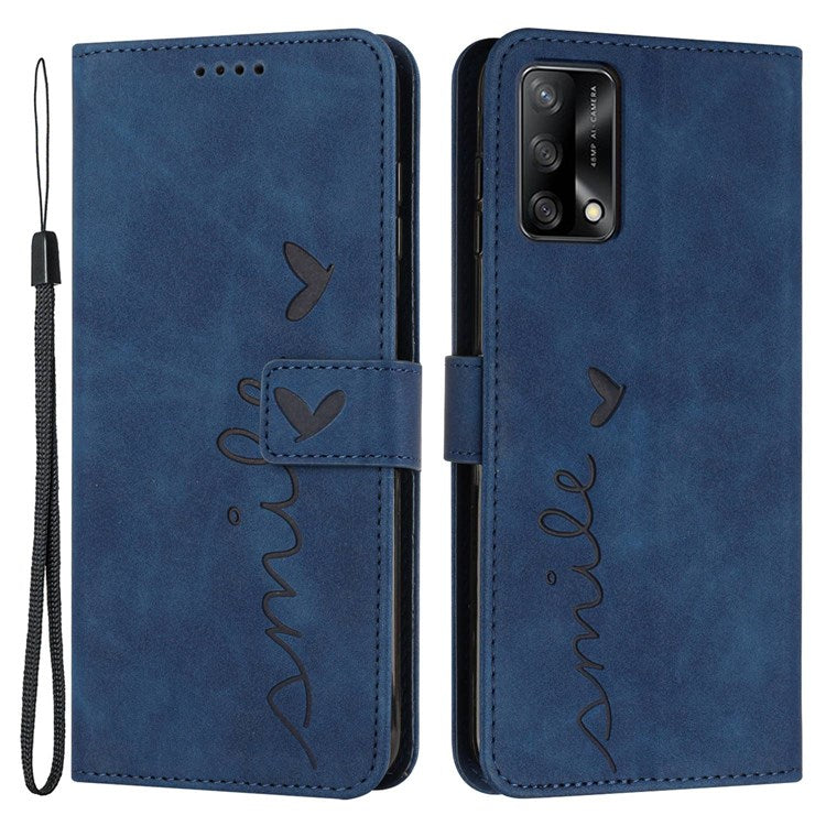 For Oppo A74 4G/F19/F19s/A95 4G PU Leather Imprinted Heart Shape Stand Case Skin-touch Feeling Wallet Magnetic Flip Cover with Strap - Sapphire