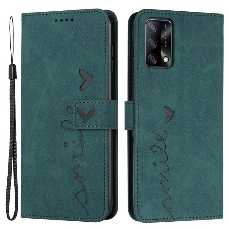 For Oppo A74 4G/F19/F19s/A95 4G PU Leather Imprinted Heart Shape Stand Case Skin-touch Feeling Wallet Magnetic Flip Cover with Strap - Green