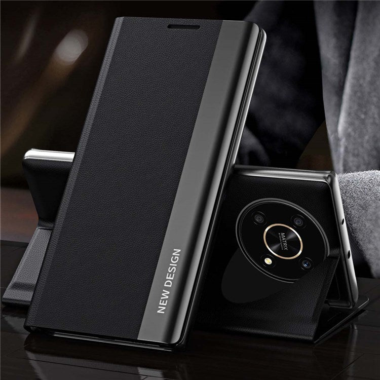 For Honor X9 5G / X30 5G / Magic4 Lite 5G Wear-resistant PU Leather Stand Function Case Electroplating Cell Phone Cover - Black