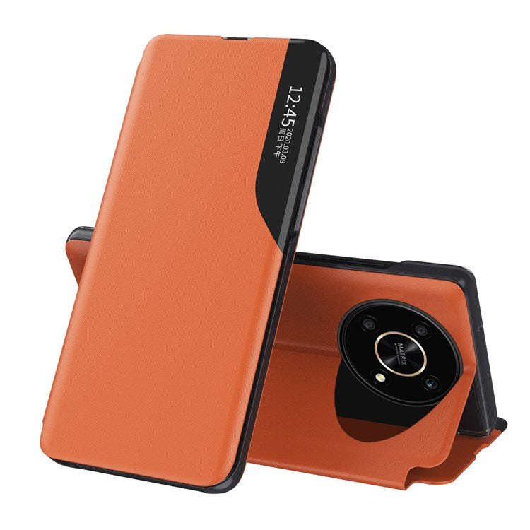For Honor X9 5G/X30 5G/Magic4 Lite 5G Well-protected Phone Case Clear View Window Stand Feature Leather Protective Shell - Orange
