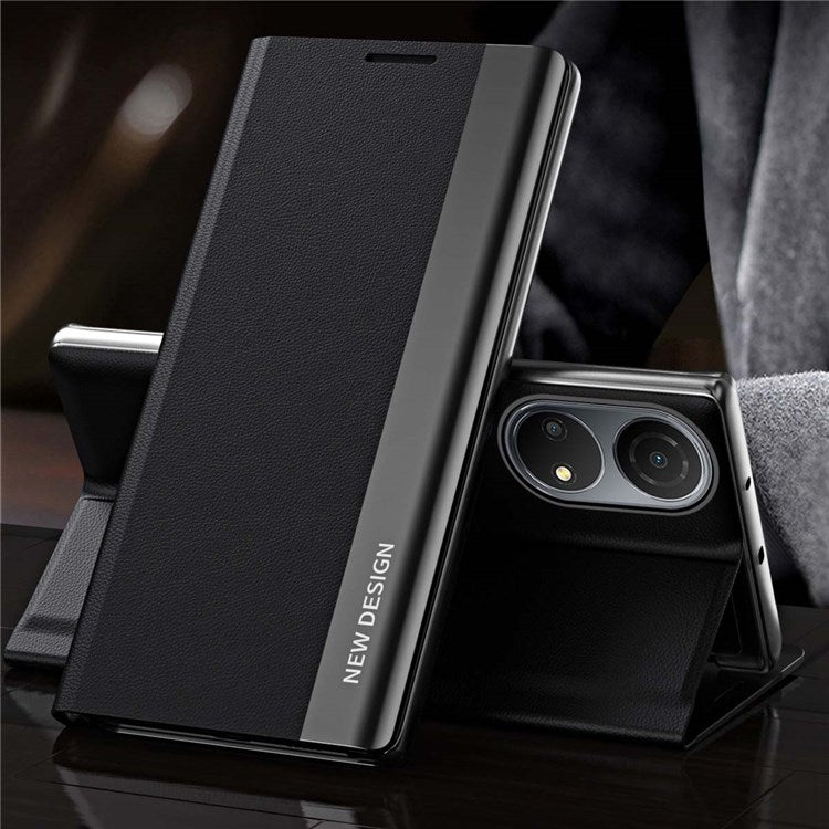 For Honor X7 / Honor Play 30 Plus 5G Shockproof PU Leather Stand Design Case Electroplating Phone Cover - Black