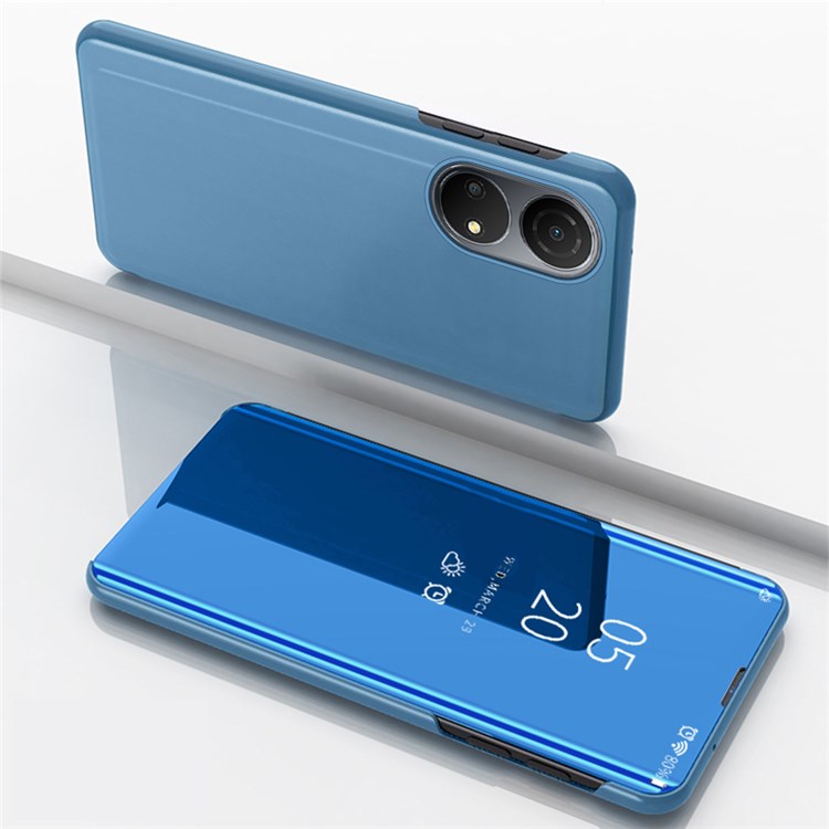 For Honor X7/Play 30 Plus 5G Adjustable Stand Design PU Leather Anti-shock Case View Window Electroplate Mirror Mobile Phone Protector - Sky Blue