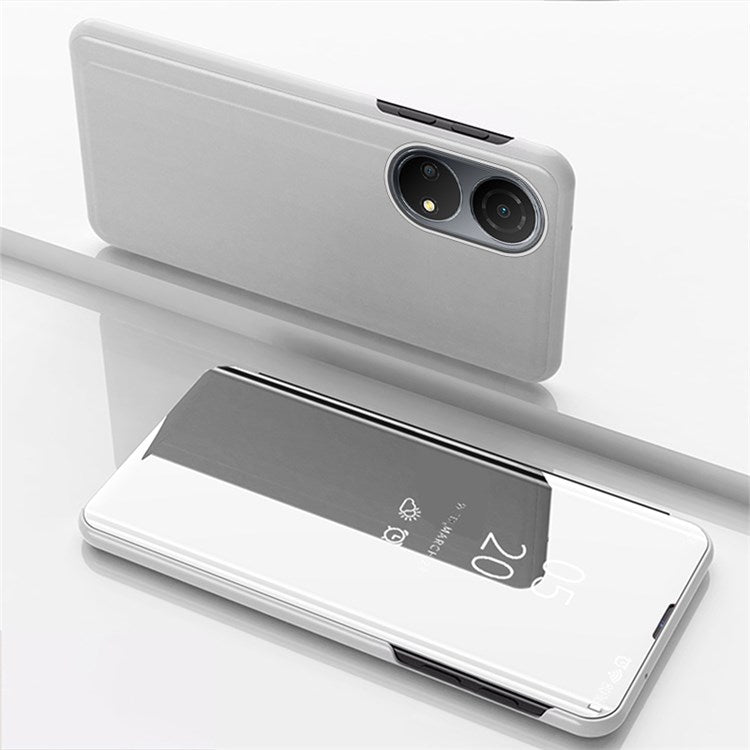 For Honor X7/Play 30 Plus 5G Adjustable Stand Design PU Leather Anti-shock Case View Window Electroplate Mirror Mobile Phone Protector - Silver