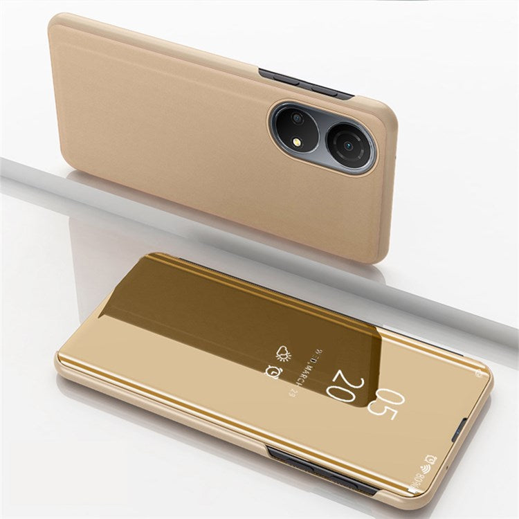For Honor X7/Play 30 Plus 5G Adjustable Stand Design PU Leather Anti-shock Case View Window Electroplate Mirror Mobile Phone Protector - Gold