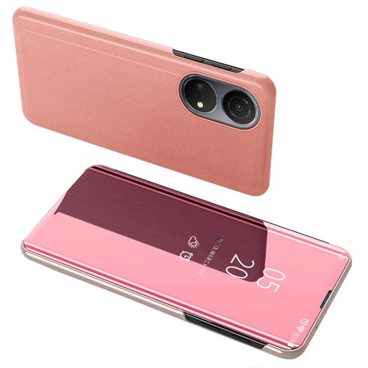 For Honor X7/Play 30 Plus 5G Adjustable Stand Design PU Leather Anti-shock Case View Window Electroplate Mirror Mobile Phone Protector - Rose Gold