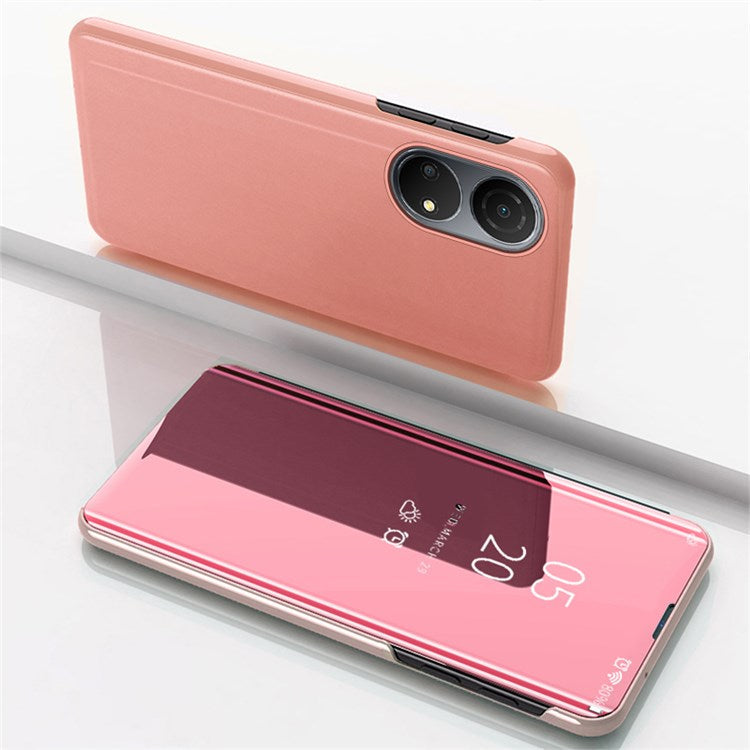 For Honor X7/Play 30 Plus 5G Adjustable Stand Design PU Leather Anti-shock Case View Window Electroplate Mirror Mobile Phone Protector - Rose Gold