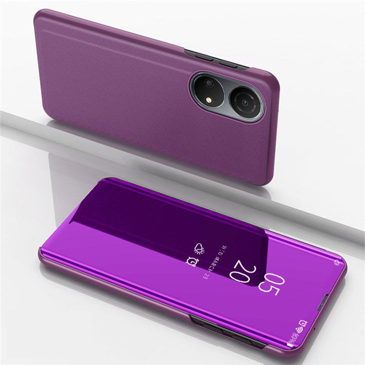 For Honor X7/Play 30 Plus 5G Adjustable Stand Design PU Leather Anti-shock Case View Window Electroplate Mirror Mobile Phone Protector - Purple