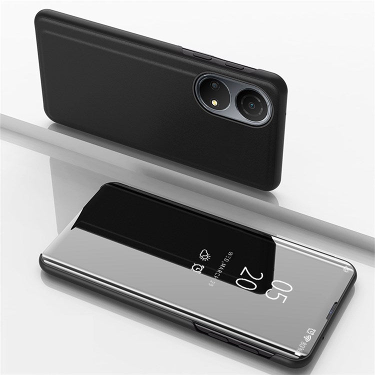 For Honor X7/Play 30 Plus 5G Adjustable Stand Design PU Leather Anti-shock Case View Window Electroplate Mirror Mobile Phone Protector - Black