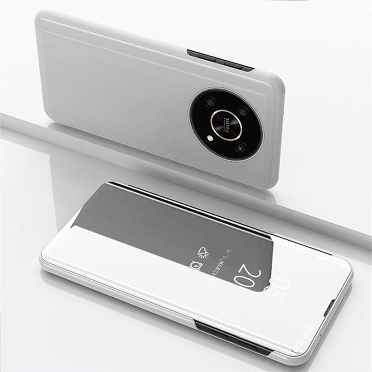 For Honor X9 5G/X30 5G/Magic4 Lite 5G Foldable Stand Design PU Leather Case View Window Electroplate Mirror Wear-resistant Phone Shell - Silver
