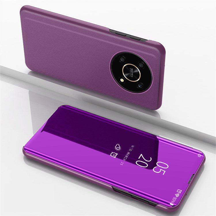 For Honor X9 5G/X30 5G/Magic4 Lite 5G Foldable Stand Design PU Leather Case View Window Electroplate Mirror Wear-resistant Phone Shell - Purple
