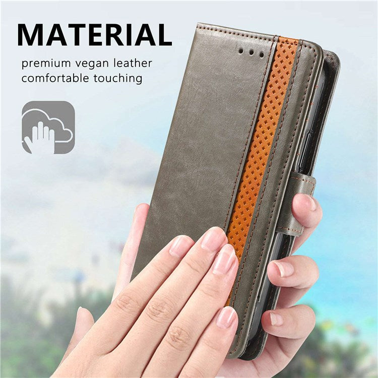 CASENEO 002 Series Business Style Leather Case for Honor 70 5G, Stand Wallet Splicing Phone Cover with RFID Blocking - Grey