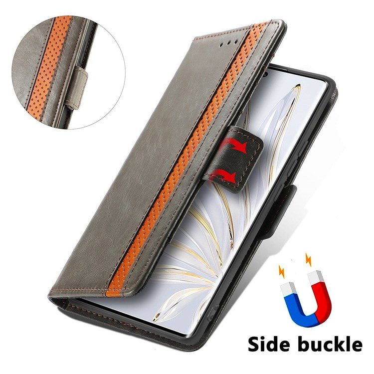 CASENEO 002 Series Business Style Leather Case for Honor 70 5G, Stand Wallet Splicing Phone Cover with RFID Blocking - Grey