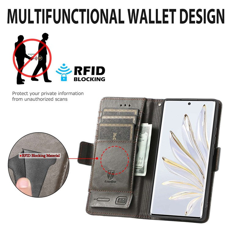 CASENEO 002 Series Business Style Leather Case for Honor 70 5G, Stand Wallet Splicing Phone Cover with RFID Blocking - Grey