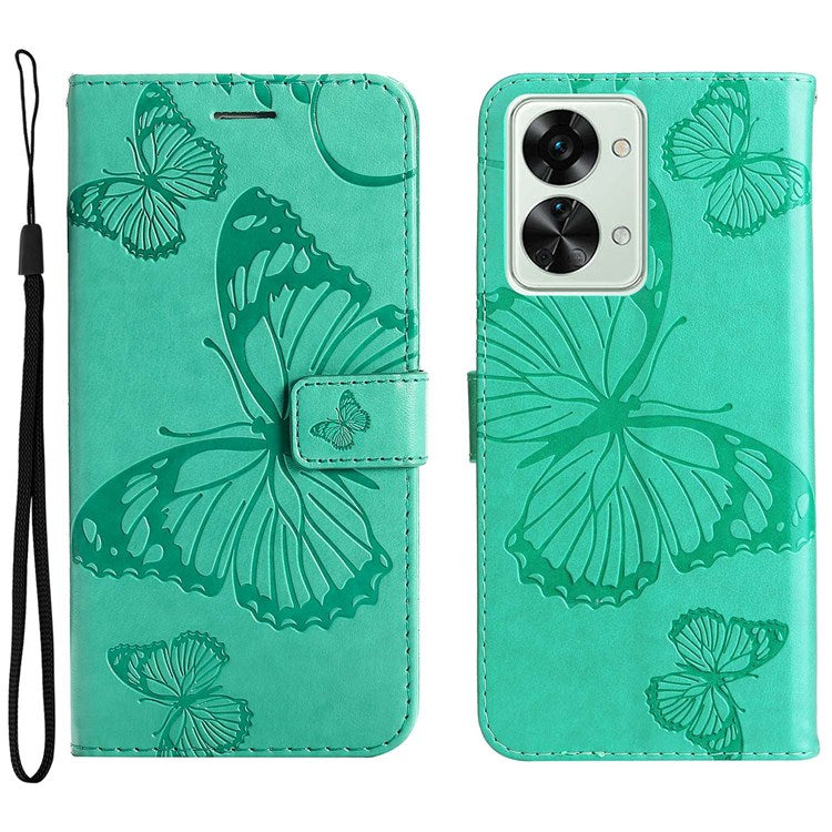 KT Leather Series-2 for OnePlus Nord 2T 5G Butterfly Imprinted PU Leather Flip Wallet Case Stand Shockproof Phone Cover - Green