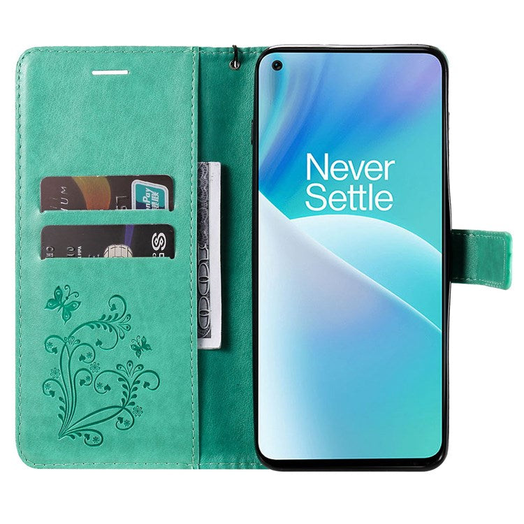 KT Leather Series-2 for OnePlus Nord 2T 5G Butterfly Imprinted PU Leather Flip Wallet Case Stand Shockproof Phone Cover - Green